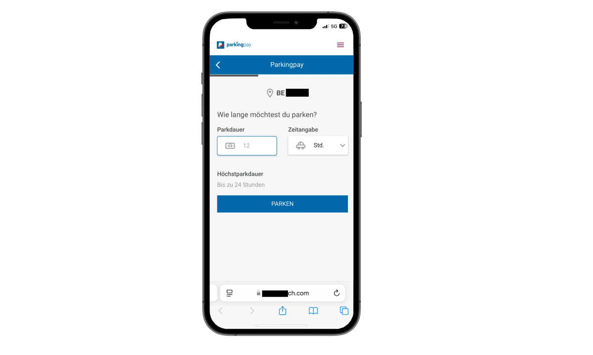Das Bild zeigt ein Smartphone, auf dem eine Park-App geöffnet ist. Die App fragt nach der gewünschten Parkdauer mit einer Option, Stunden auszuwählen.
