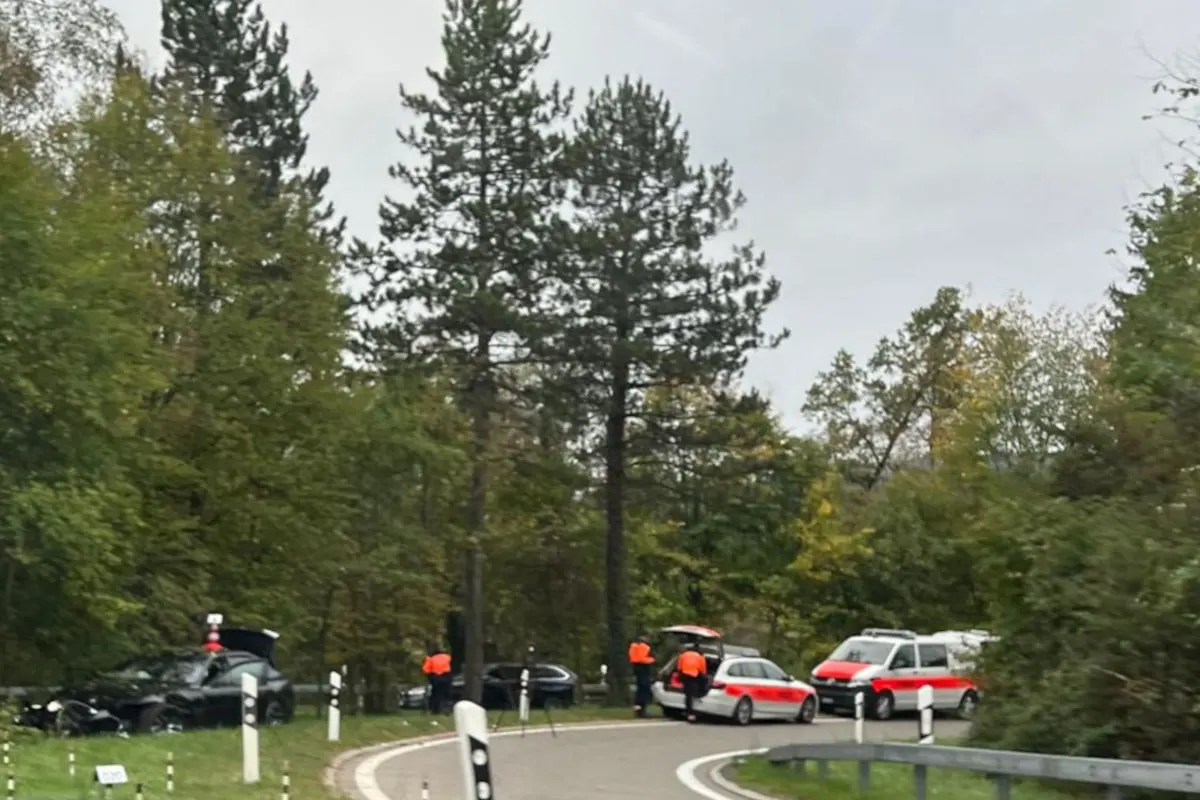 Das Bild zeigt eine kurvenreiche Landstraße mit einem verunfallten schwarzen Auto am Straßenrand. Mehrere Rettungsfahrzeuge mit rot-weißer Markierung und Personen in oranger Kleidung sind vor Ort.