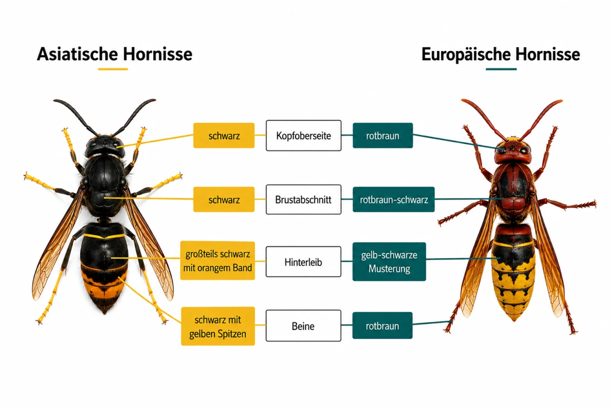 Zwei Hornissen werden verglichen: links die asiatische Hornisse, rechts die europäische, mit farblichen und anatomischen Unterschieden in einer Infografik beschrieben.