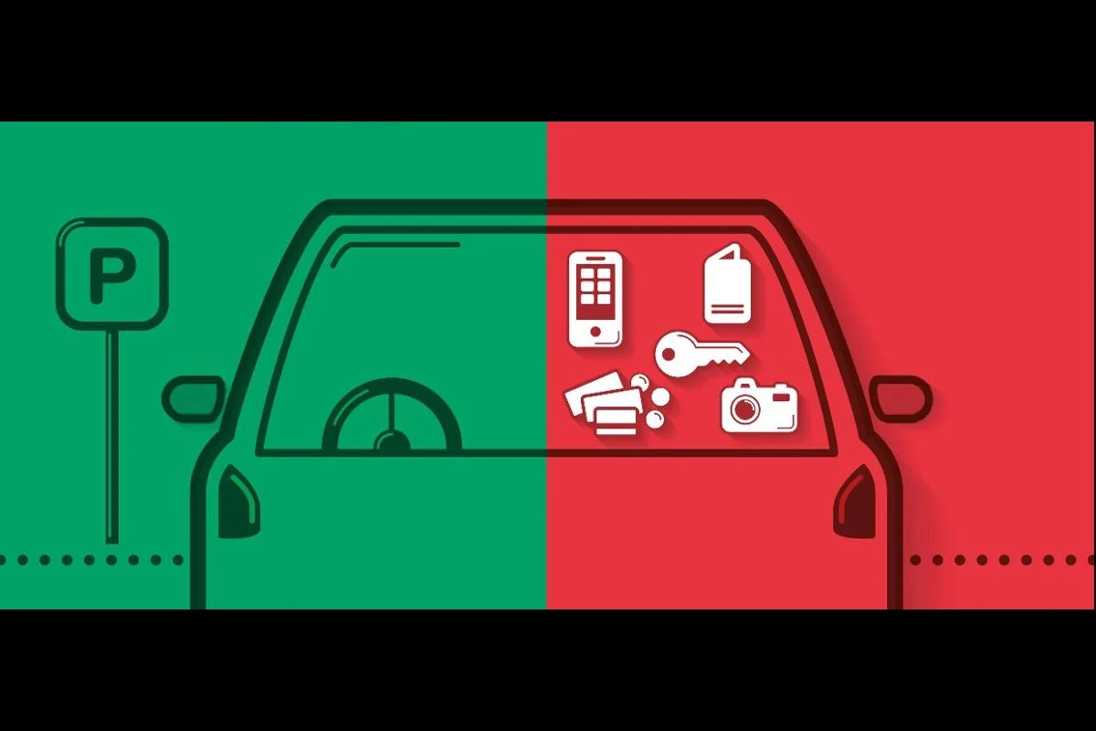 Eine Grafik eines Autos mit verschiedenen Gegenständen im Fenster, geteilt in grüne und rote Hälften.