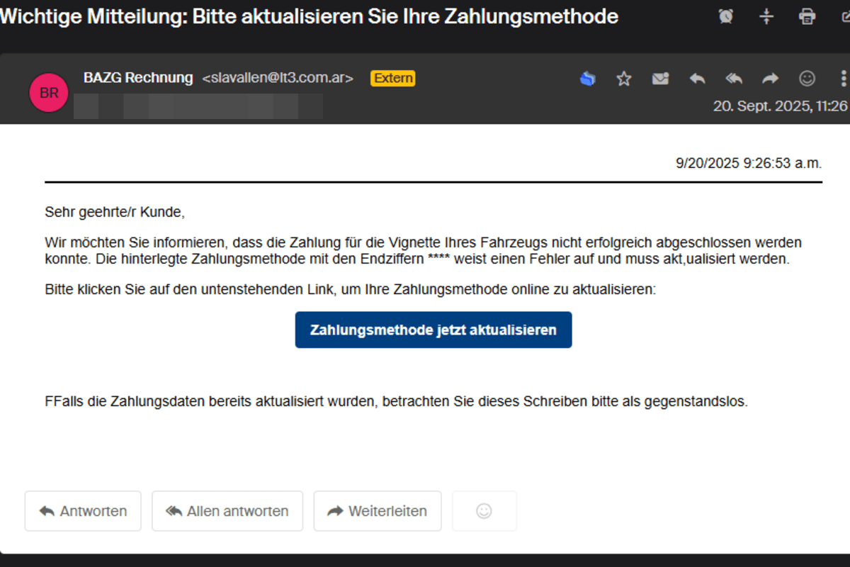 Phishing im Namen des BAZG – Gefälschte Vignetten-Mails