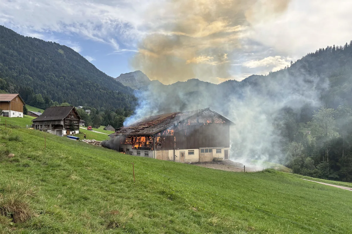 Ein großes Gebäude in einer ländlichen Bergregion steht in Flammen und erzeugt eine massive Rauchwolke. Die Umgebung besteht aus grünen Wiesen und weiterer Bebauung im Hintergrund.