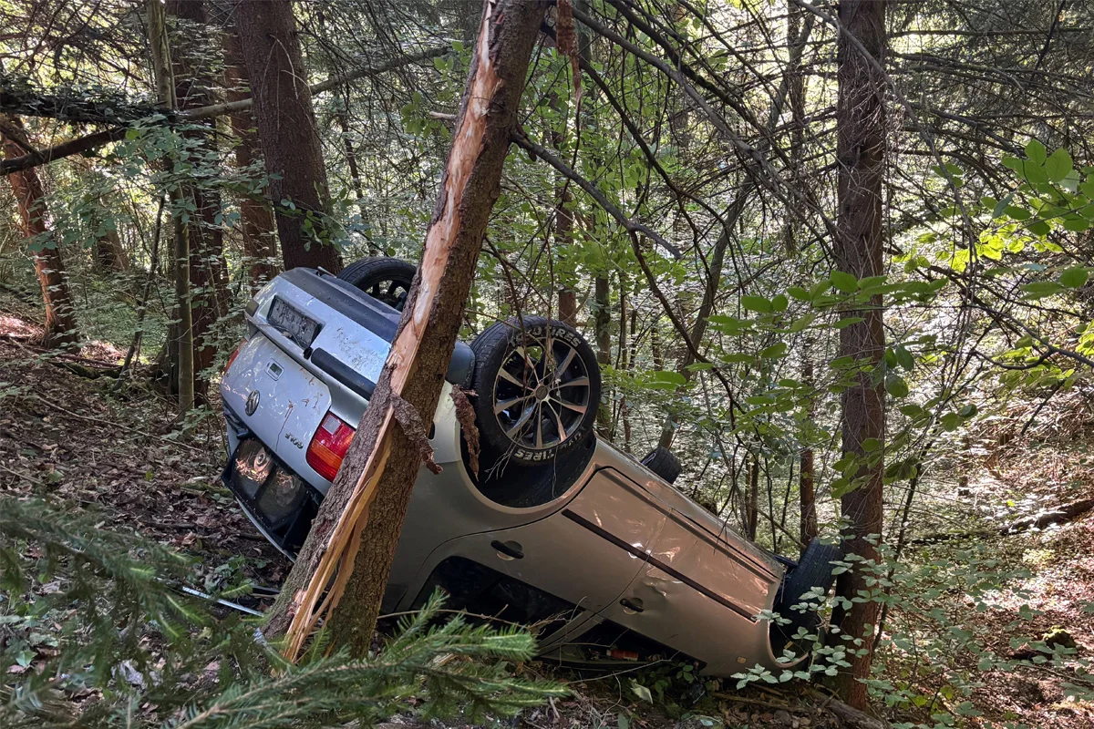 Ein silberner Volkswagen liegt im Wald auf dem Dach zwischen Bäumen. Der Wagen hat sichtbare Schäden und ist festgefahren.