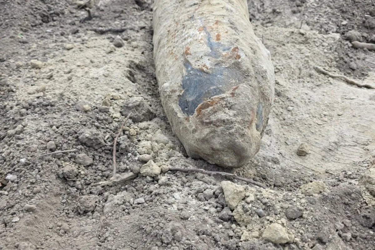 Das Bild zeigt eine teilweise freigelegte, moosbedeckte Bombe im Boden. Der Boden ist trocken und besteht aus Erde und kleinen Steinen. Die Oberfläche der Bombe ist verwittert und rostig.