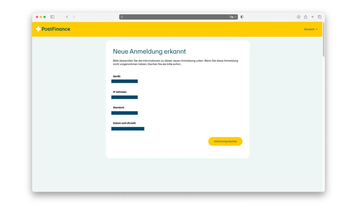Das Bild zeigt eine gefälschte Anmeldeseite von PostFinance mit Informationen zu einem vermeintlichen Anmeldeversuch. Der Bildschirm enthält Felder wie Gerät, IP-Adresse und Standort.