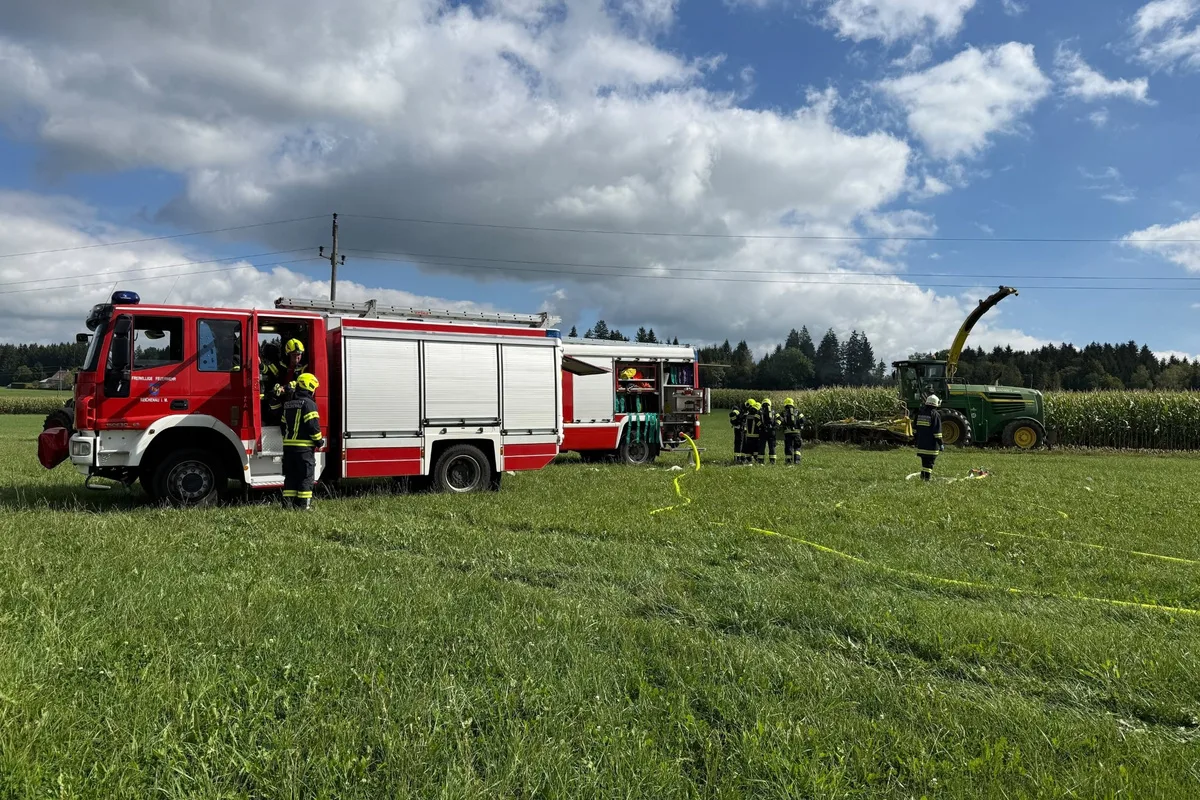 Ein rotes Feuerwehrfahrzeug steht auf einer grünen Wiese. Mehrere Feuerwehrleute sind im Einsatz, im Hintergrund ein Maisfeld und landwirtschaftliches Gerät.