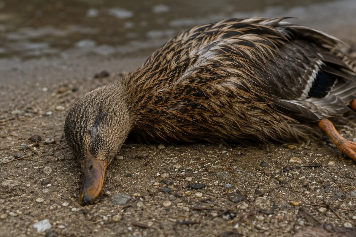 Ein Vogel liegt tot auf dem Boden an einem sandigen Ufer nahe einem Gewässer. Die Umgebung wirkt verlassen und ruhig.