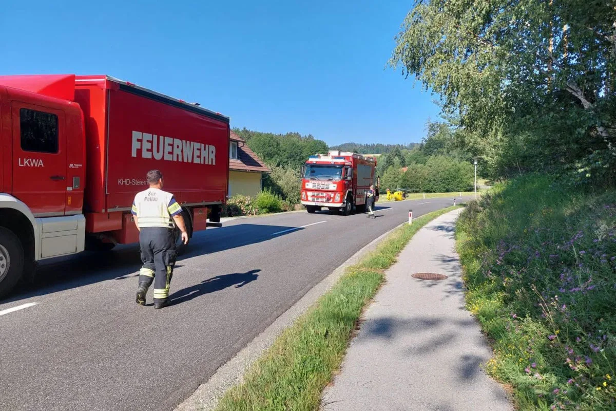 Zwei rote Feuerwehrfahrzeuge stehen auf einer Landstraße. Ein Feuerwehrmann läuft auf der Straße, während im Hintergrund ein weiteres Einsatzfahrzeug zu sehen ist.