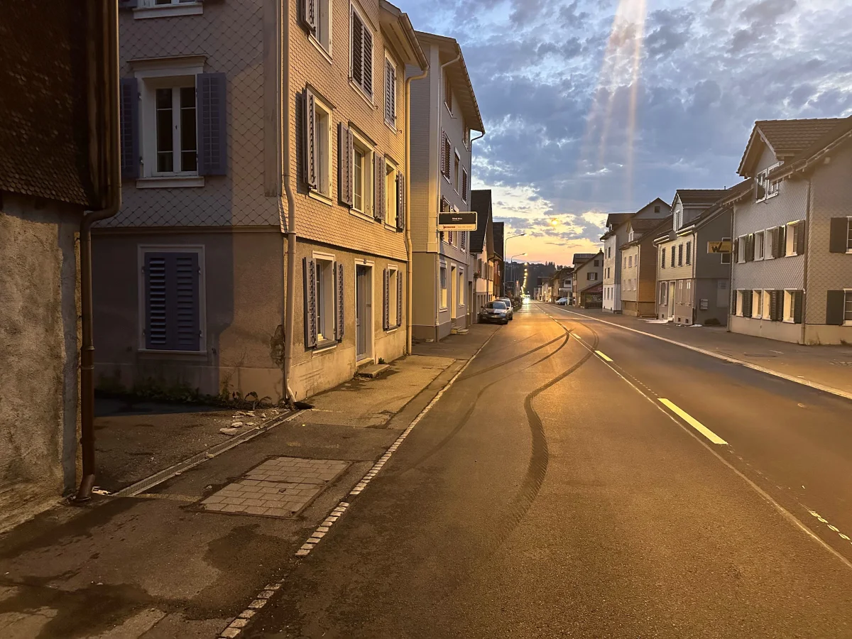 Eine ruhige Straße in einem Wohngebiet bei Abenddämmerung mit deutlich sichtbaren Reifenspuren auf dem Asphalt.