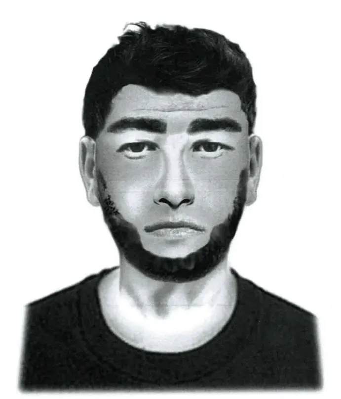 Eine zeichnerische Darstellung zeigt einen Mann mit vollem Bart, kurzen Haaren und einem neutralen Ausdruck.