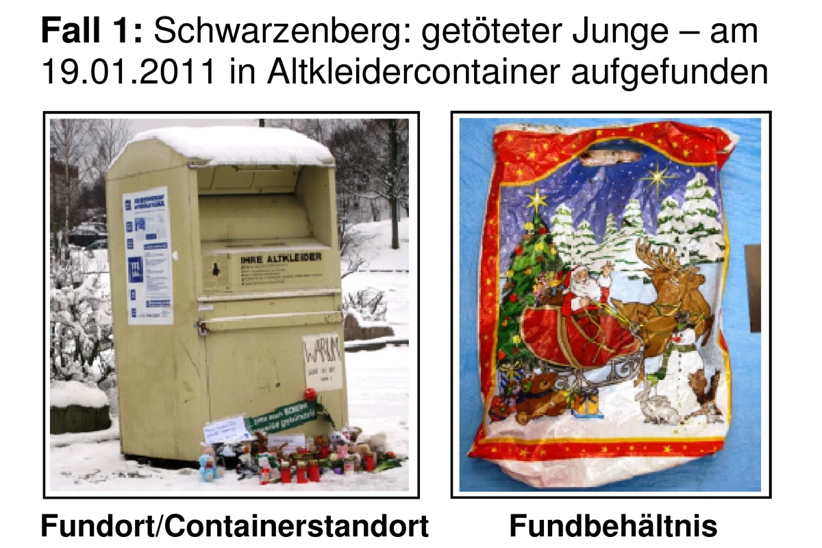 Ein gelber Altkleidercontainer steht im Schnee, umgeben von Kerzen und Teddybären. Neben dem Container sind Bäume zu sehen.
