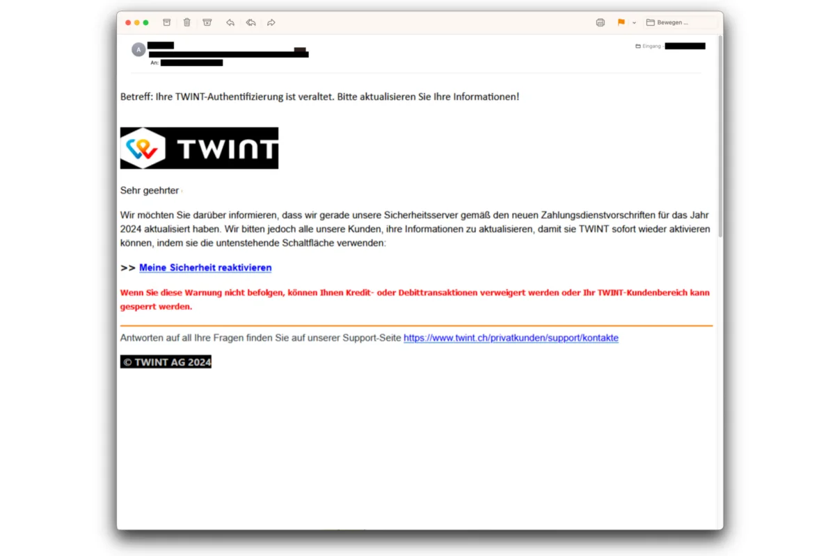 Betrügerische E-Mails angeblich von TWINT 