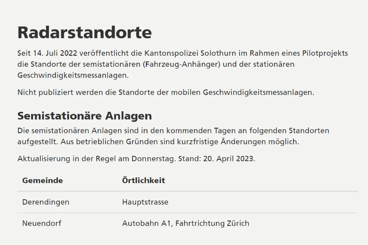Radar und Geschwindigkeitskontrollen im Kanton Solothurn - Das ist aktuelle Liste