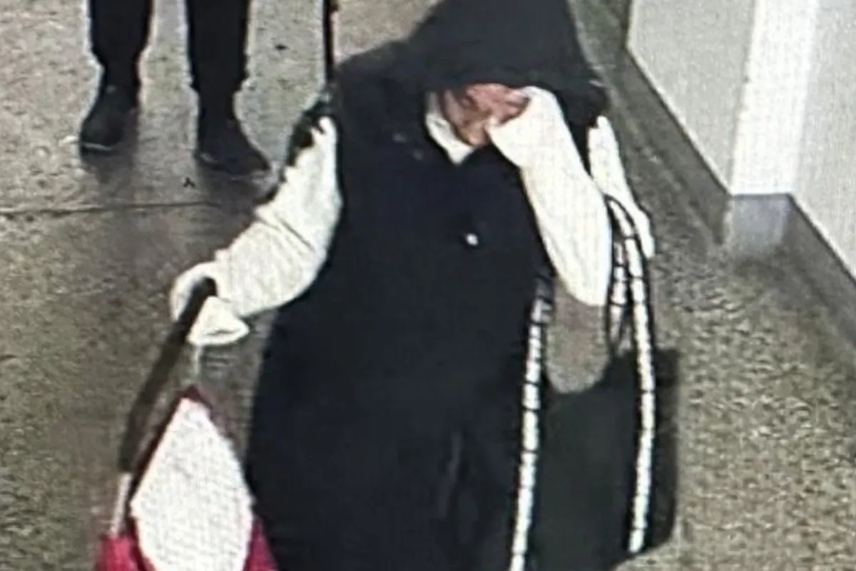 Eine Person in einem dunklen Kapuzenpullover, die eine Einkaufstasche trägt, wird in einem Flur von einer Überwachungskamera aufgenommen.
