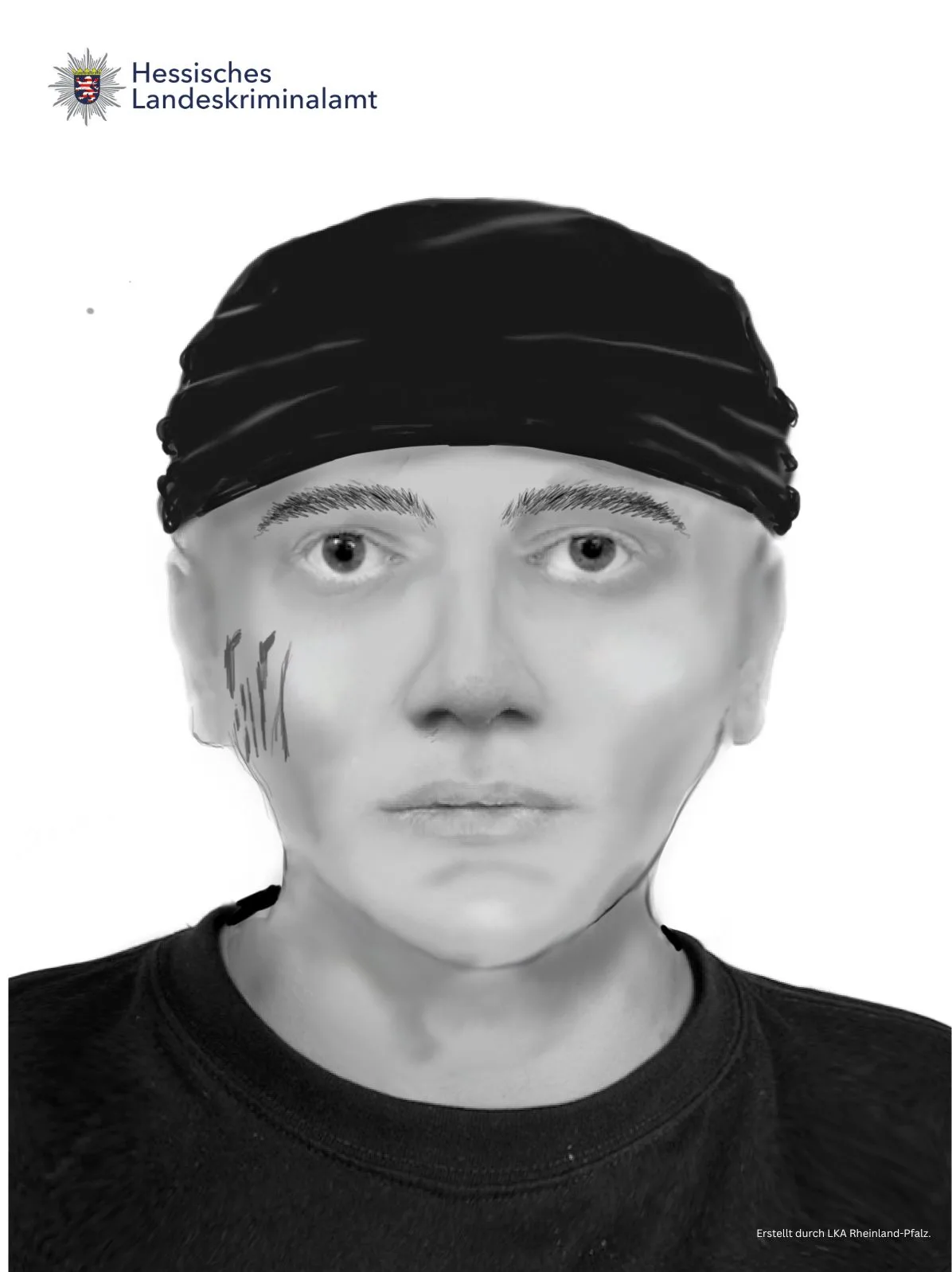 Das Bild zeigt ein computergeneriertes Phantombild eines Mannes mit einer schwarzen Mütze und markanter Gesichtszüge.
