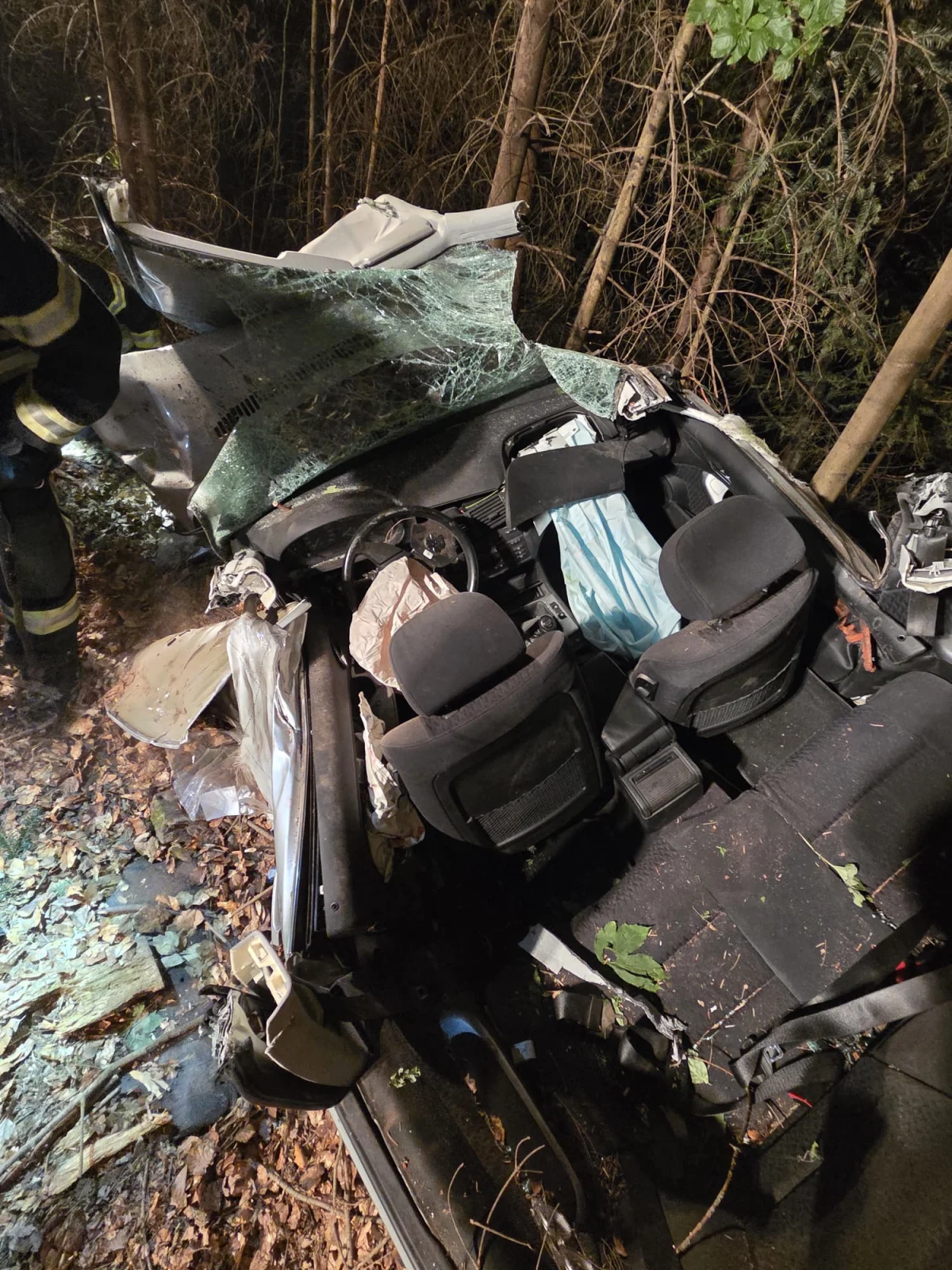 Ein Auto ist stark beschädigt und liegt in einem Waldgebiet. Die Frontscheibe ist zersplittert und das Dach eingedrückt.