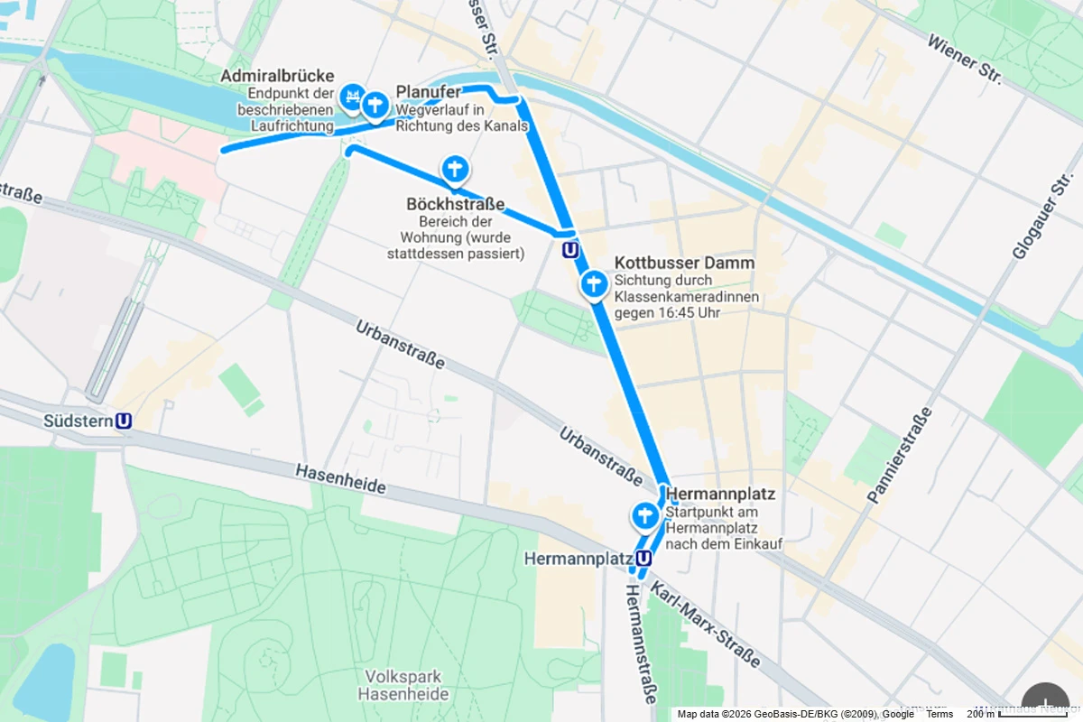 Eine Karte von Berlin zeigt den Wegverlauf von Hermannplatz über Böckhstraße zum Planufers und endet an der Admiralbrücke.