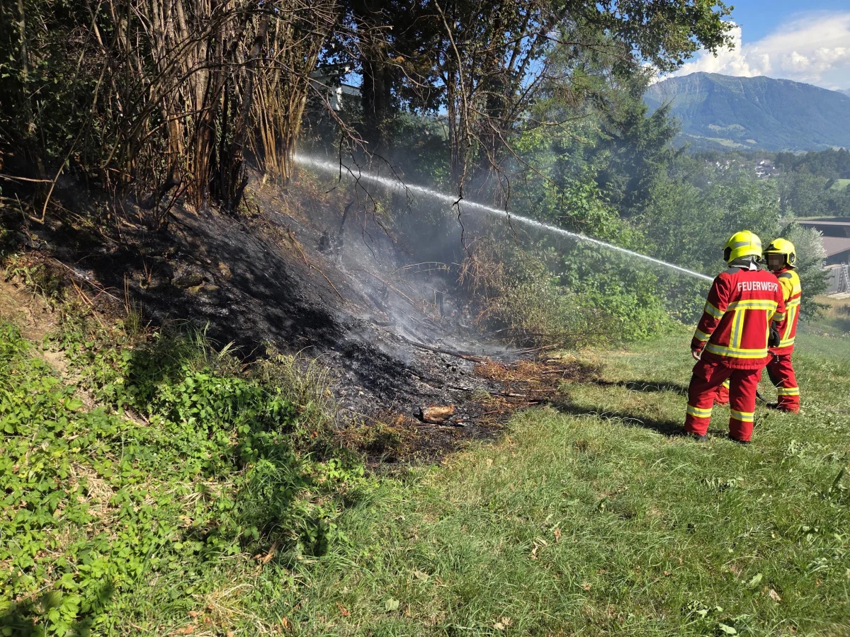 Zwei Feuerwehrleute in roten Uniformen mit Helmen löschen einen kleinen, rauchenden Brand an einem grasbewachsenen Hang mit einem Wasserschlauch.