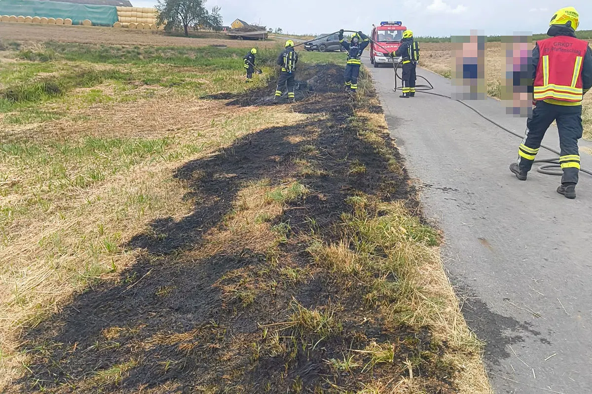 Mehrere Feuerwehrleute sind am Straßenrand beschäftigt, wo verbranntes Gras sichtbar ist. Ein Feuerwehrfahrzeug ist in der Nähe geparkt.