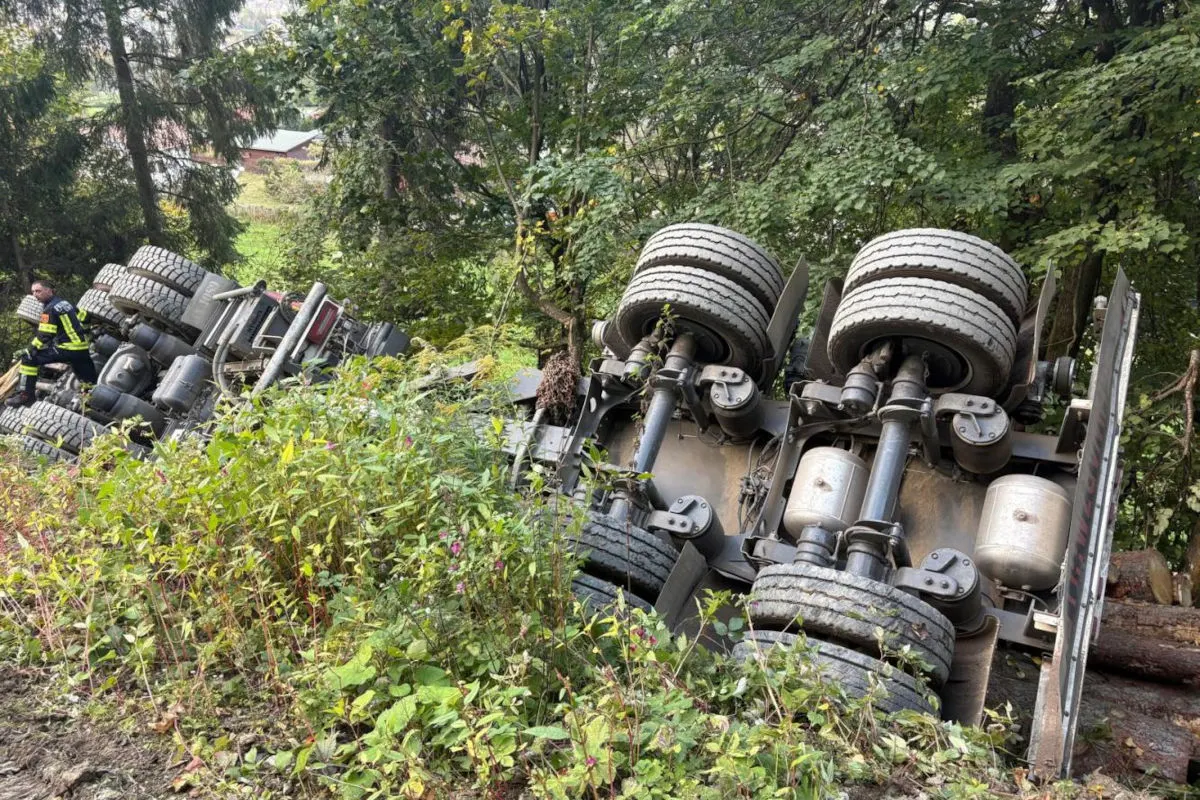 Ein großer Lastwagen liegt auf der Seite in einem bewaldeten Hangbereich. Ein Feuerwehrmann steht in der Nähe.