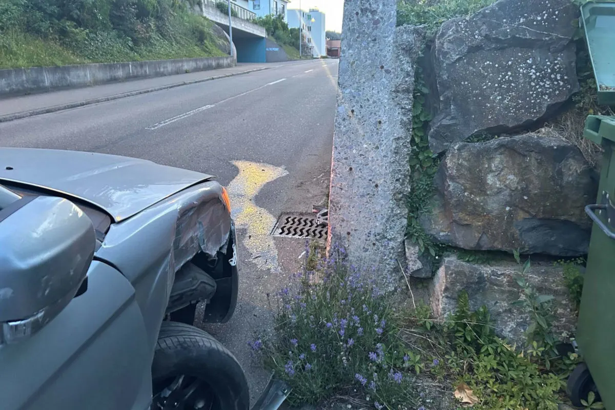 Ein graues Auto zeigt deutliche Frontschäden und steht nahe einer Betonmauer auf einer Landstraße. Im Vordergrund sind Blumen zu sehen.