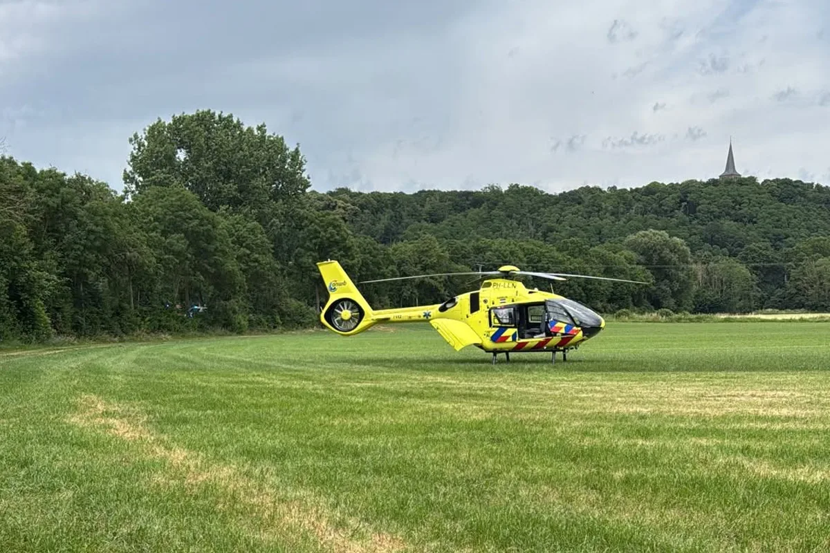 Ein gelber Rettungshubschrauber steht auf einer grünen Wiese, umgeben von bewaldeten Hügeln in der Ferne. Der Himmel ist bewölkt.