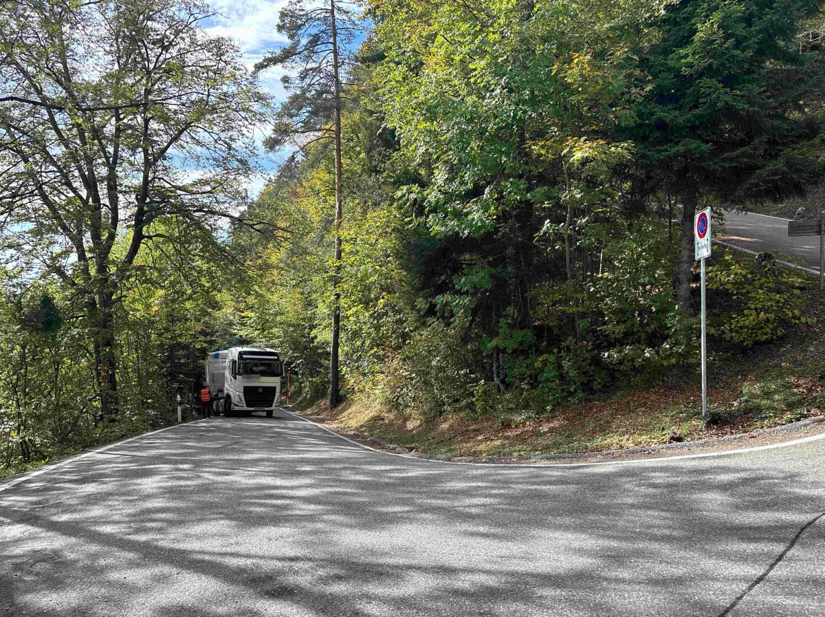Ein weißer Lastwagen fährt eine enge Kurve auf einer von Bäumen gesäumten Landstraße. Ein Halteverbotsschild ist sichtbar.