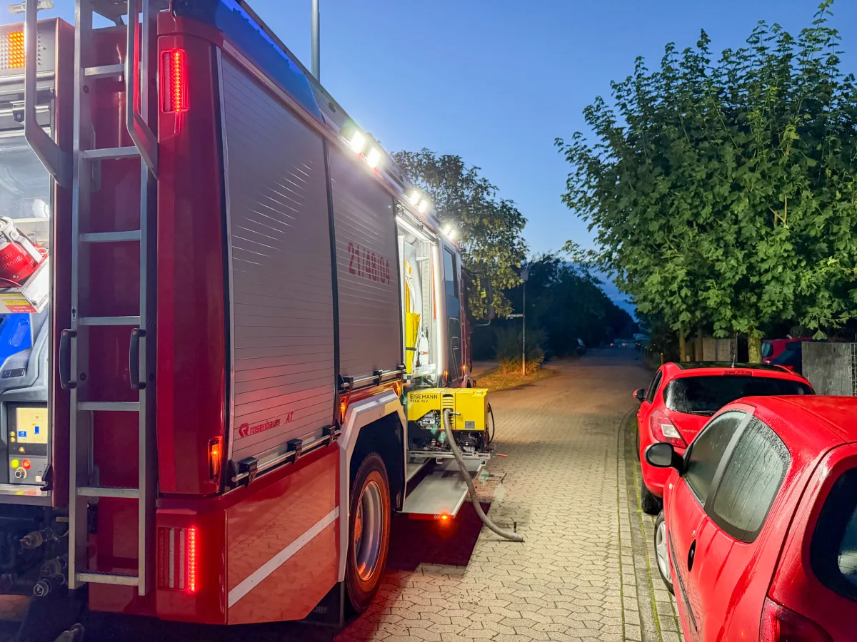 Ein Feuerwehrfahrzeug steht mit geöffneter Kabine auf einer gepflasterten Straße, daneben zwei rote geparkte Autos. Die Umgebung ist durch Bäume gesäumt und es ist Dämmerung.