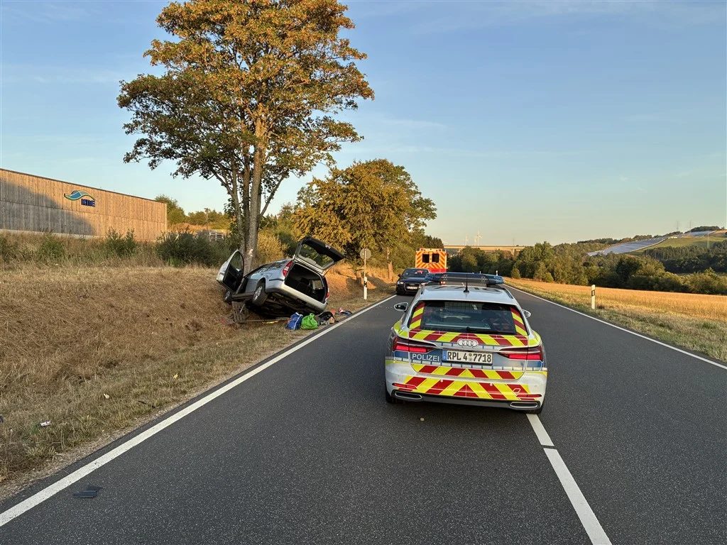 Das Bild zeigt ein Auto, das nach einem Unfall auf einer Böschung neben einer Straße liegt. Polizeiautos sind auf der Straße im Hintergrund zu sehen. Der Unfall fand bei Tageslicht auf einer ländlichen Straße statt.