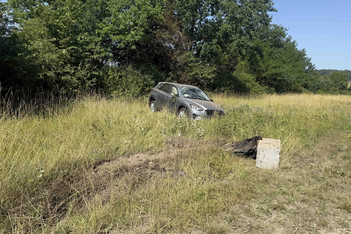 Ein graues Auto steht auf einer Wiese, umgeben von Bäumen. Im Vordergrund ist ein Erdwall sichtbar.