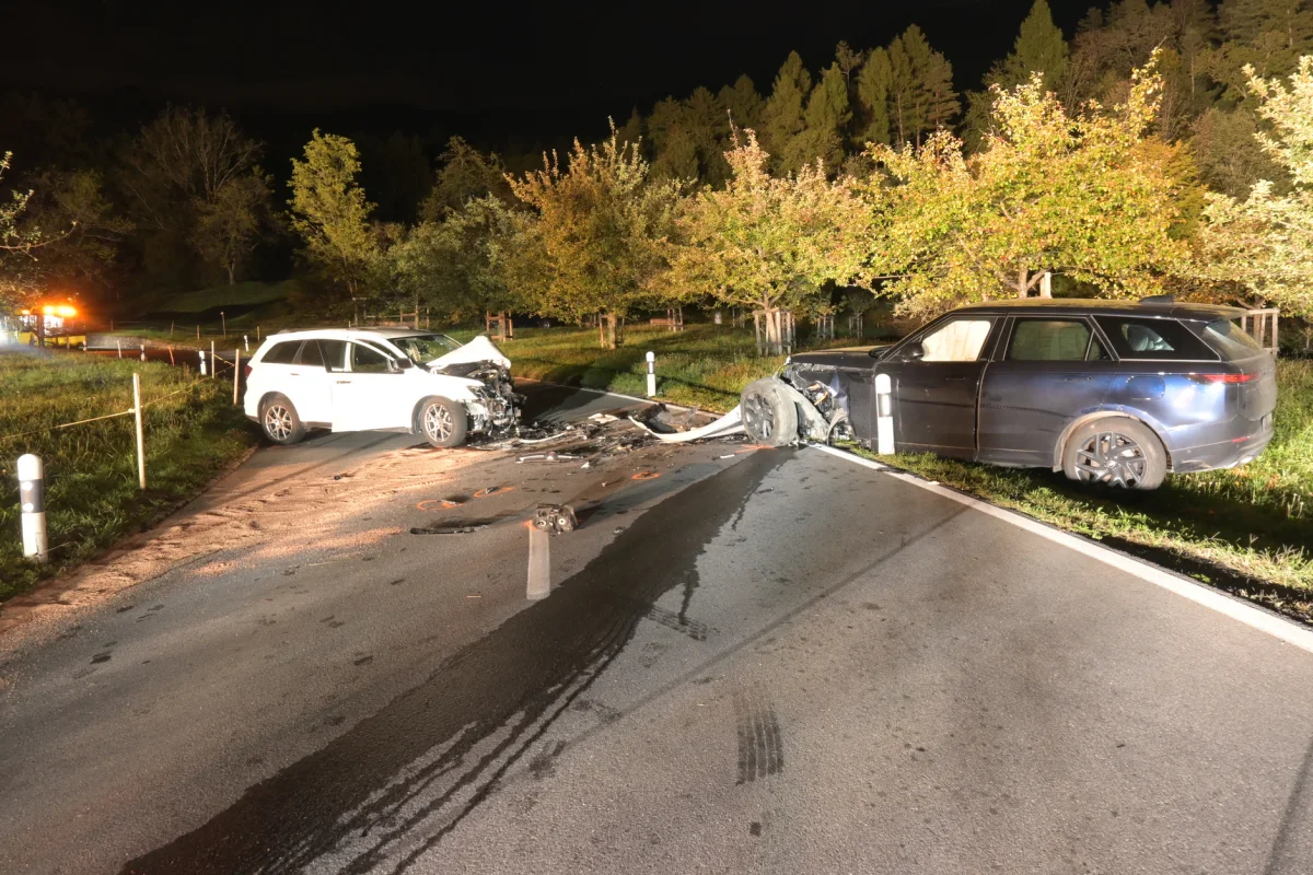 Auf einer Landstraße bei Nacht sind zwei Autos mit starken Frontschäden nach einem Zusammenstoß zu sehen. Die Umgebung zeigt Bäume und Grasflächen, Beleuchtung ist von einem Fahrzeug im Hintergrund sichtbar.