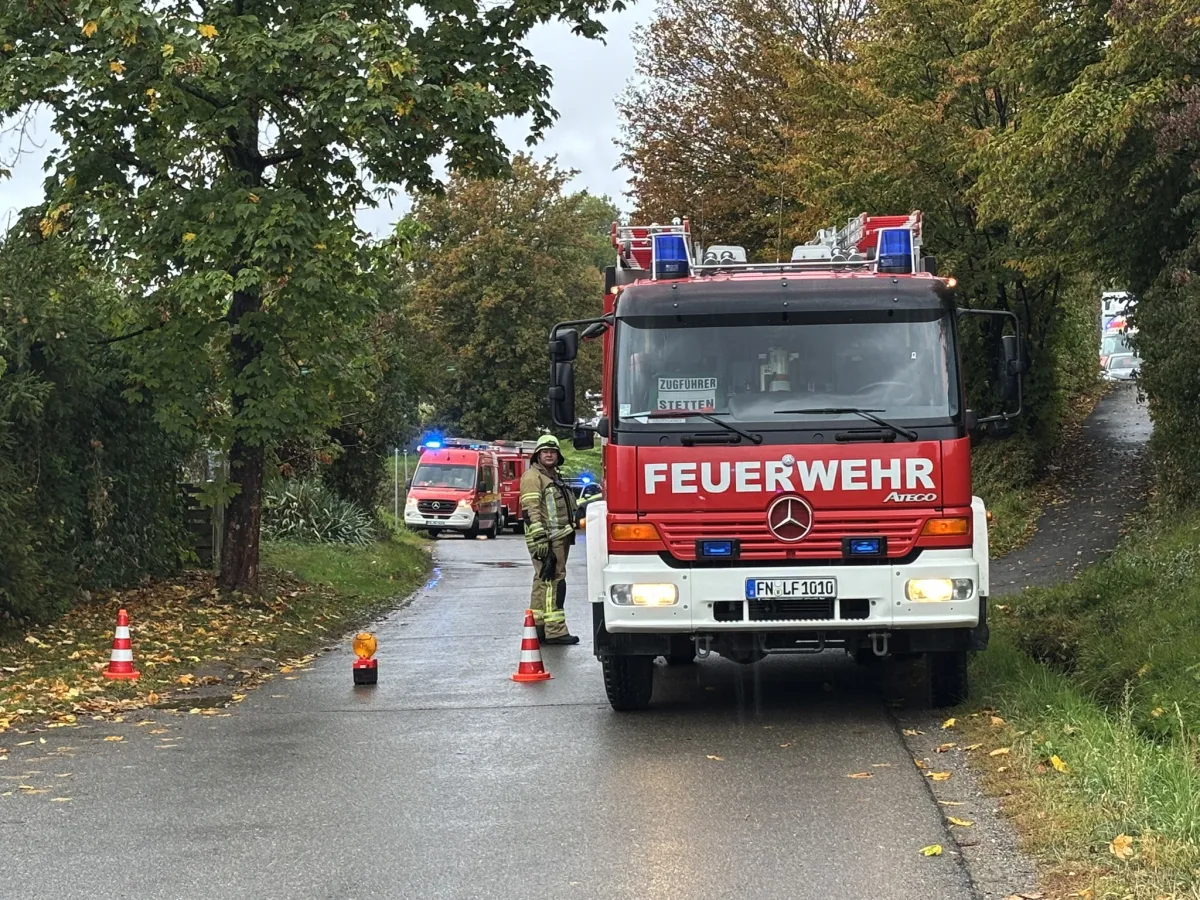 Ein rotes Feuerwehrfahrzeug steht auf einer regennassen Straße, umringt von Bäumen mit herbstlichem Laub.