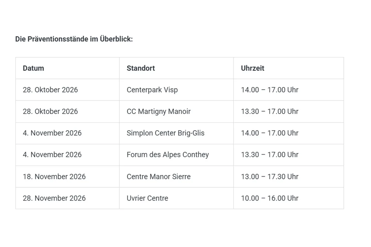 Eine Tabelle zeigt die Daten, Orte und Zeiten der Präventionsstände, darunter Centerpark Visp und Simplon Center Brig-Glis.
