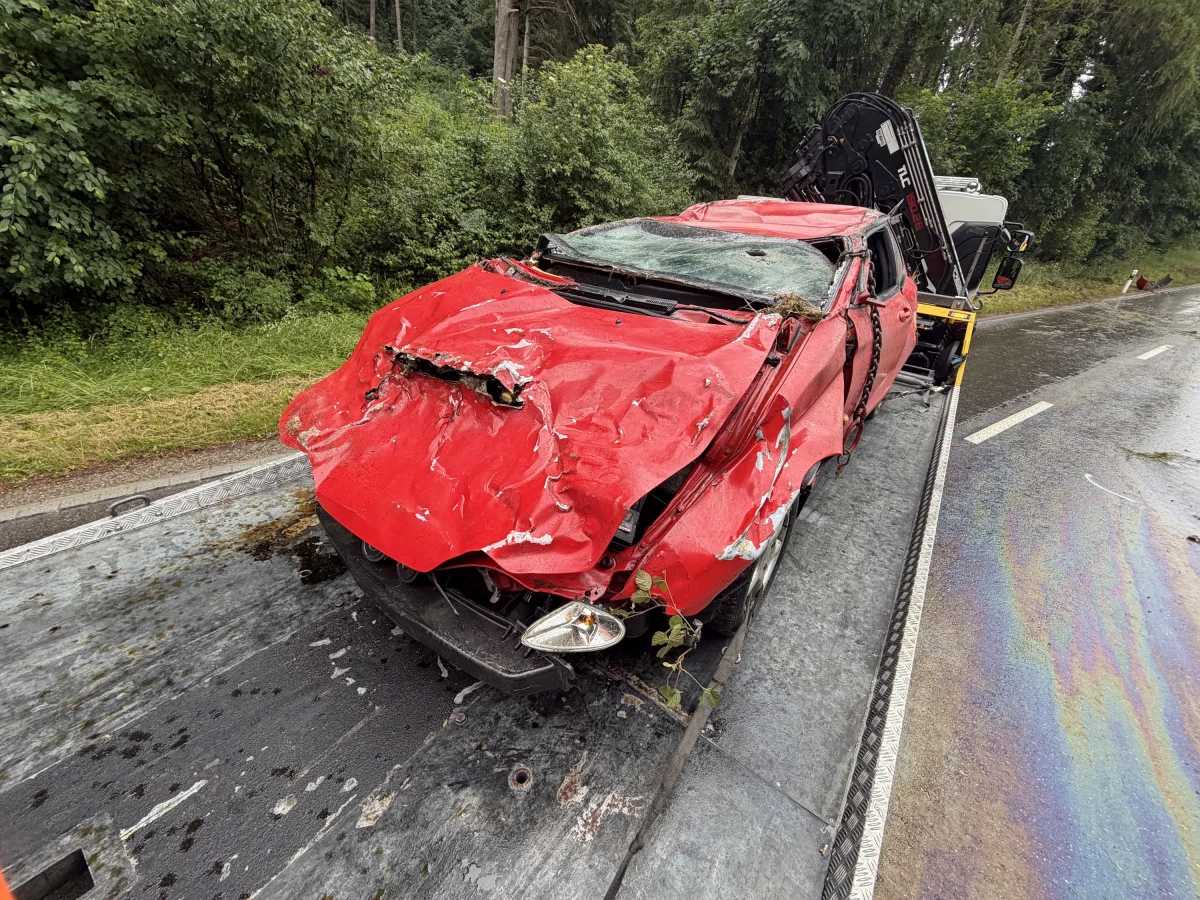 Ein rotes Auto mit schweren Schäden an der Vorderseite wird auf einem Abschleppwagen transportiert. Der Hintergrund zeigt eine bewaldete Straße.