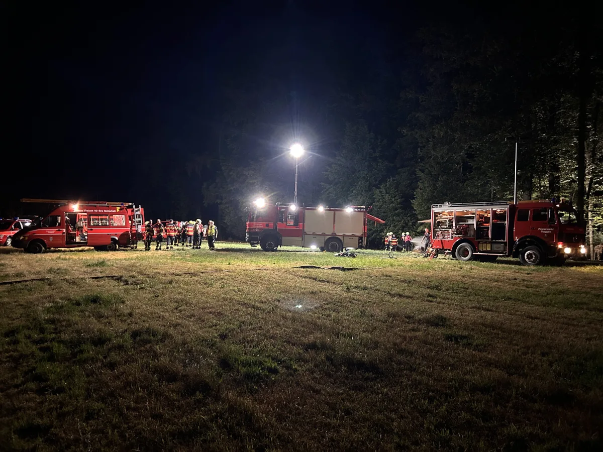 Mehrere Feuerwehrfahrzeuge stehen auf einer Wiese, umgeben von Einsatzkräften in Uniformen, die bei Nacht arbeiten.