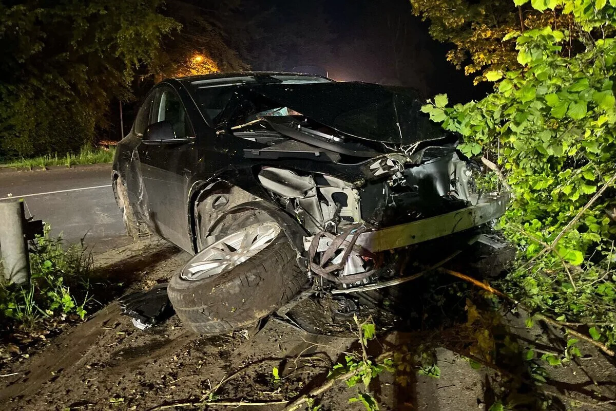 Bielefeld NW - Tesla stürzt bei Unfall Böschung hinunter
