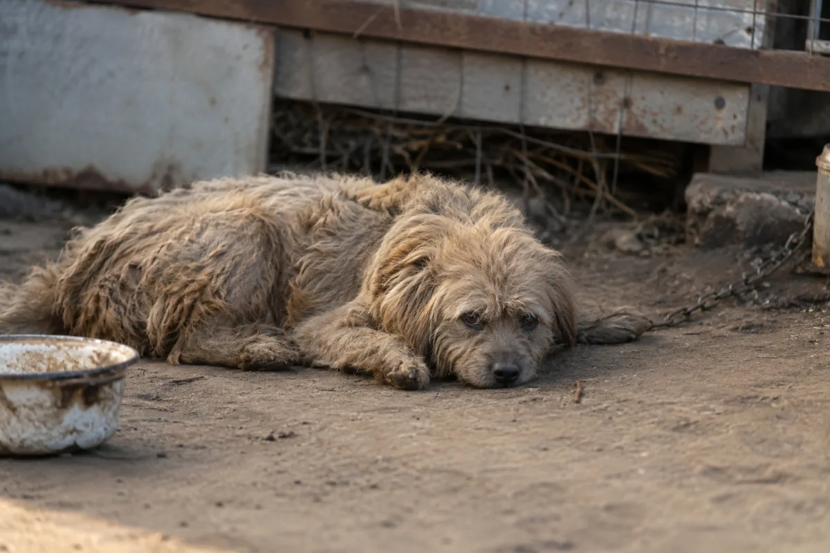 Ein großer, langhaariger Hund liegt angekettet auf einem dreckigen Boden neben einer leeren Schüssel. Der Hund sieht traurig aus.