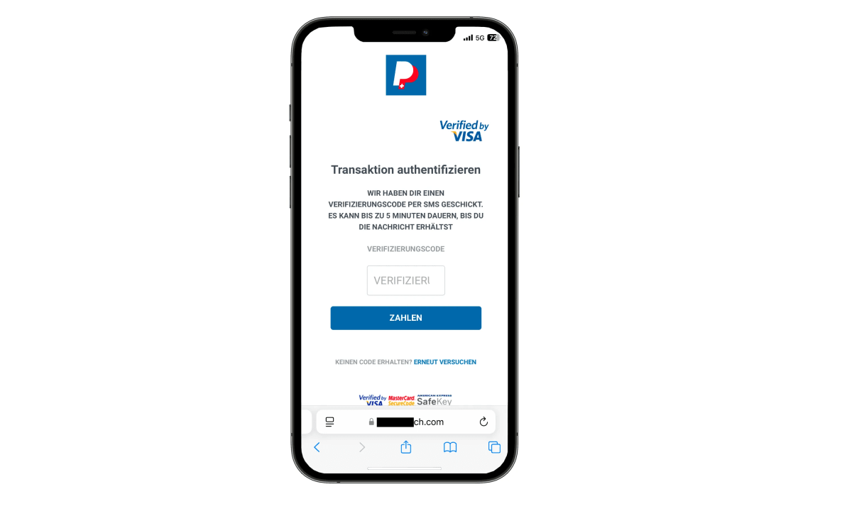 Ein Smartphone-Bildschirm zeigt eine verdächtige Authentifizierungsanfrage für eine Transaktion. Das Logo ähnelt dem von PayPal.