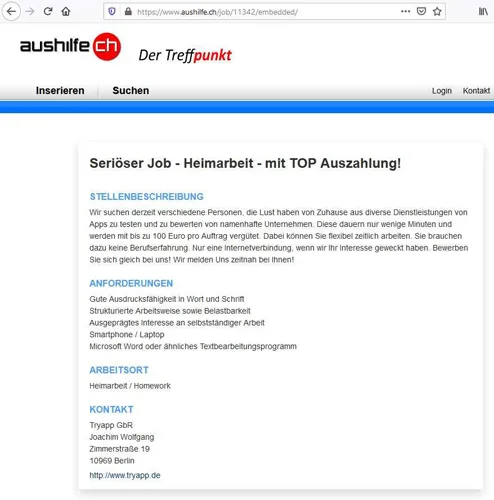 Warnung vor Tryapp.de! - Betrüger versuchen Nutzer zur Eröffnung von Bankkonten zu verleiten