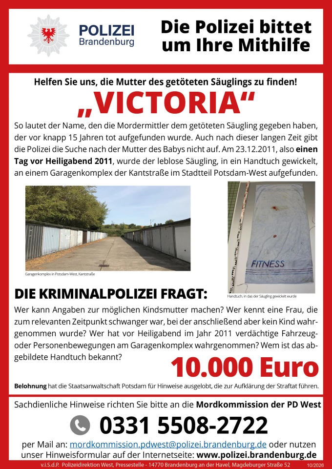 Ein Fahndungsaufruf der Polizei Brandenburg sucht Hinweise zur Mutter eines 2011 getöteten Säuglings in Potsdam. Eine Belohnung von 10.000 Euro wird angeboten.