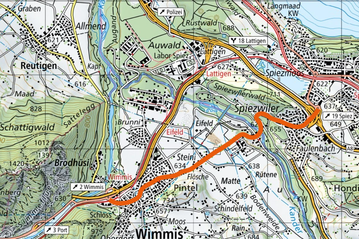 Eine topografische Karte zeigt den Bereich um Spiezwiler. Eine Route ist orange markiert.