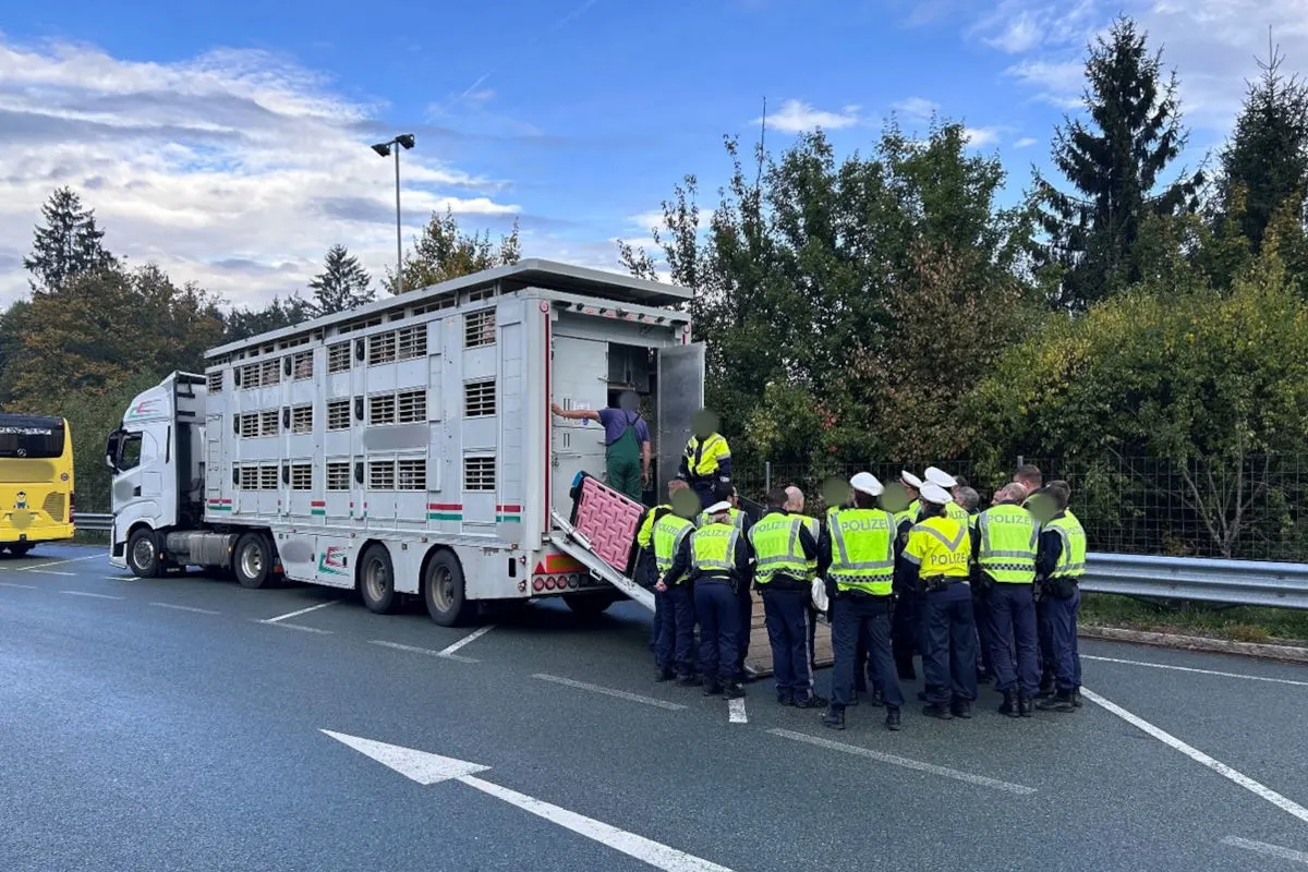 Eine Gruppe von Polizisten steht an einem geöffneten Tiertransporter auf einer Straße. Neben dem Transporter ist auch ein gelber Bus zu sehen.