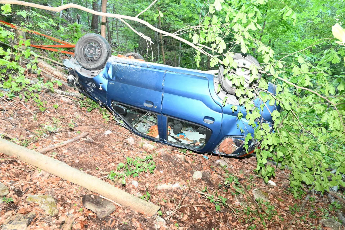 Ein umgestürztes, blaues Auto liegt auf der Seite in einem bewaldeten Gebiet. Das Auto ist beschädigt und von grünen Blättern umgeben.