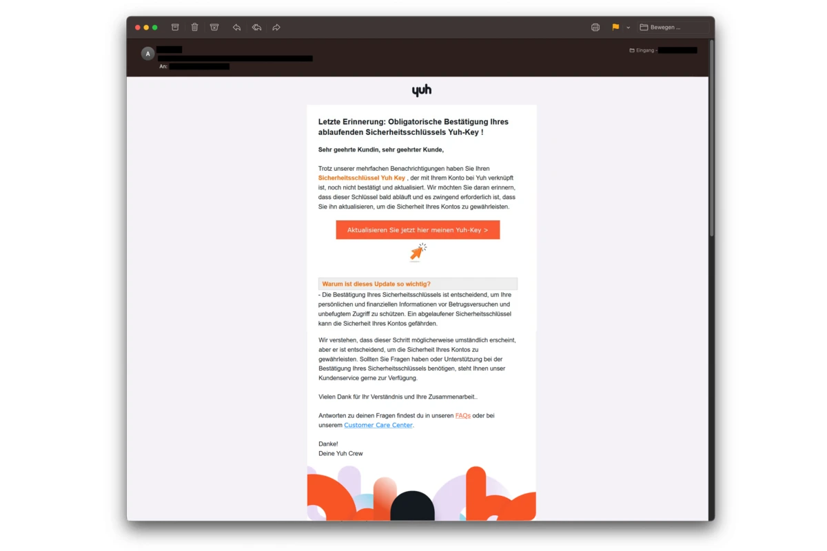 Phishing-Mails im Namen des Finanzdienstleisters Yuh