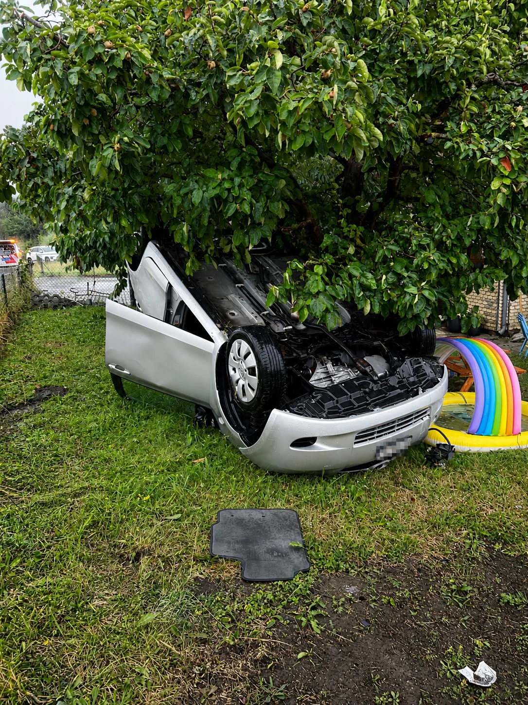 Ein silbernes Auto liegt auf dem Dach unter einem dicht belaubten Baum in einem Garten. Ein bunter Kinderspielbogen ist zu sehen.