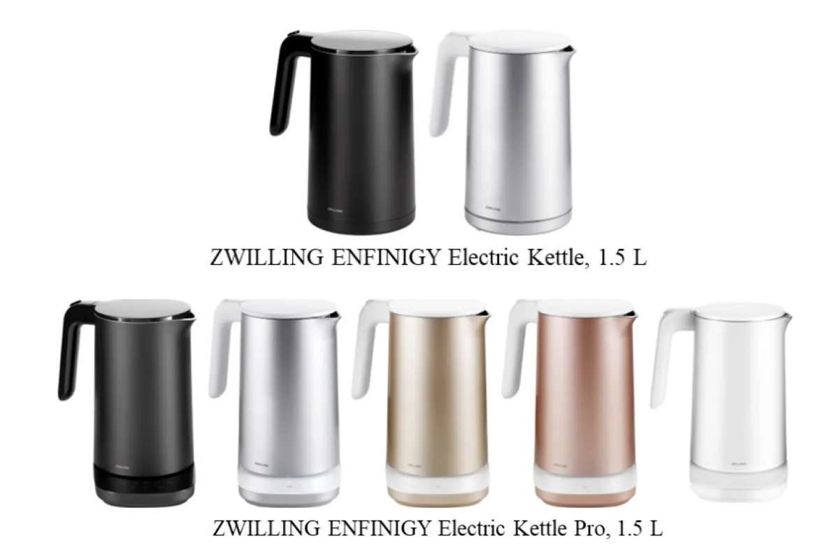 Das Bild zeigt sieben elektrische Wasserkocher in einer Reihe, jeweils in verschiedenen Farben wie Schwarz, Silber, Gold und Weiß.
