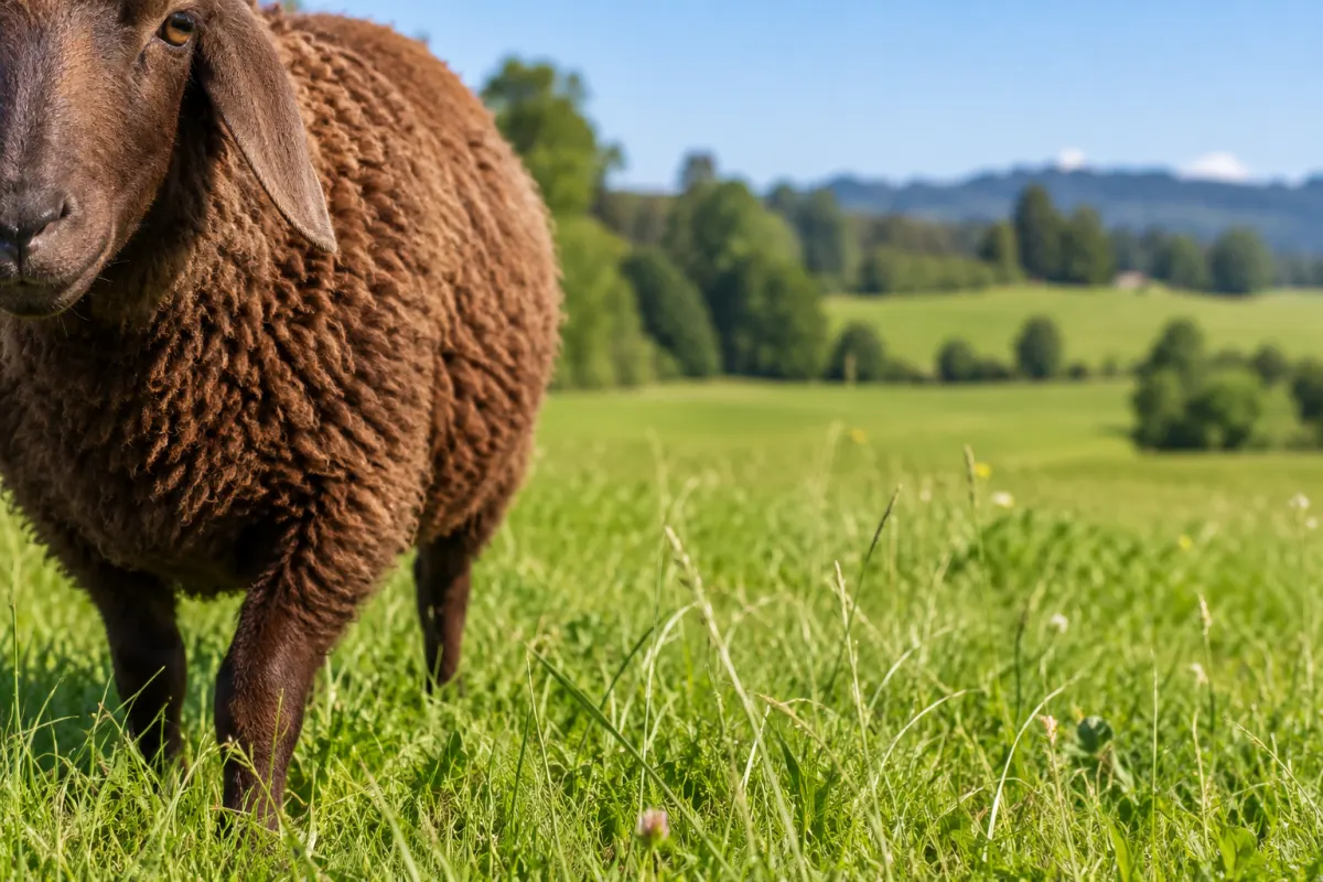 Ein braunes Schaf steht auf einer grasbewachsenen Wiese. Im Hintergrund ist eine Landschaft mit Bäumen und blauem Himmel zu sehen.