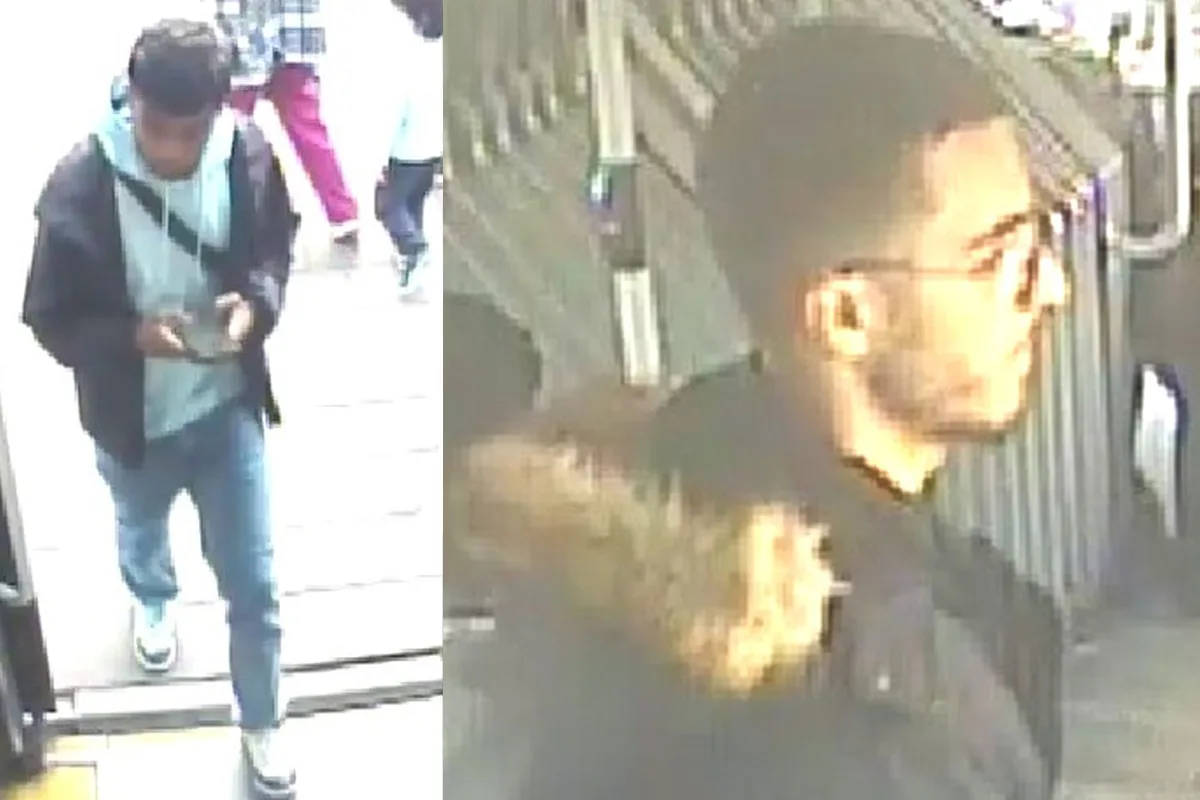 Das Bild zeigt zwei Männer, die von Überwachungskameras aufgenommen wurden; einer hält ein Smartphone, der andere trägt eine Jacke mit Fellkapuze.