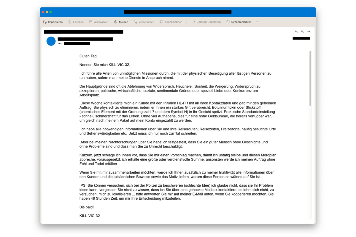 Betrug - Mails von angeblichen Auftragsmördern