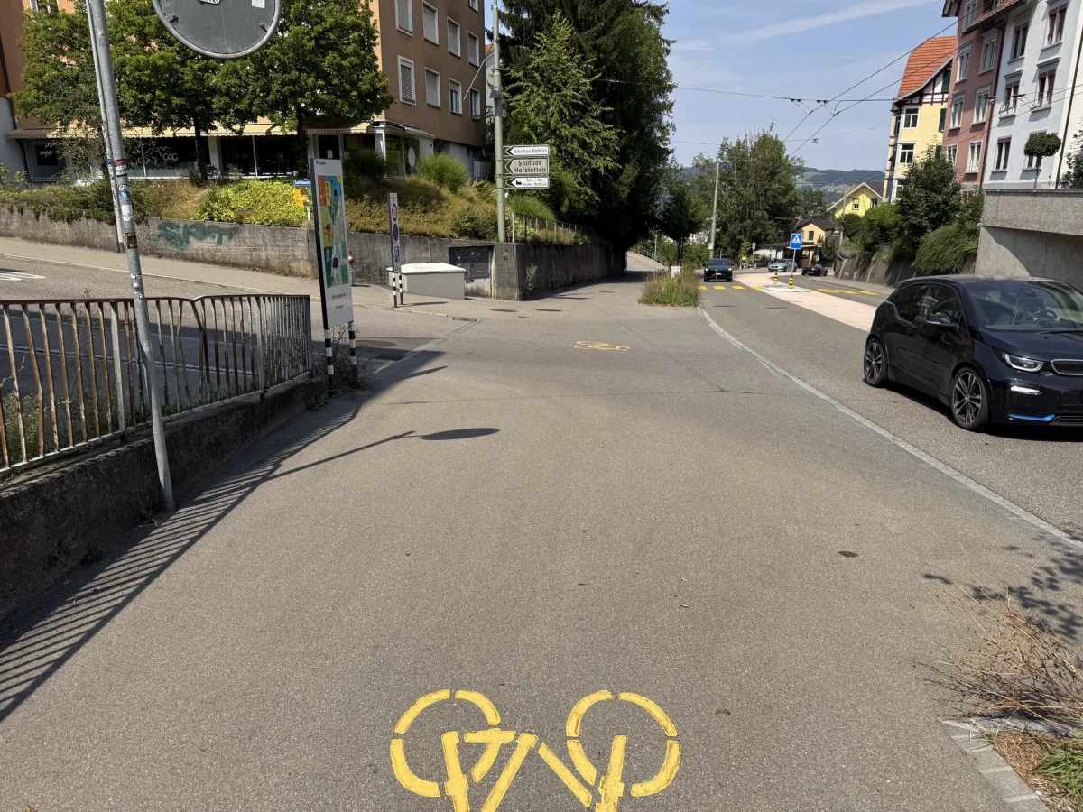 Eine städtische Straße mit einer gelben Fahrradwegmarkierung und einem parkenden schwarzen Auto auf der rechten Seite. Im Hintergrund sind Gebäude und Bäume zu sehen.